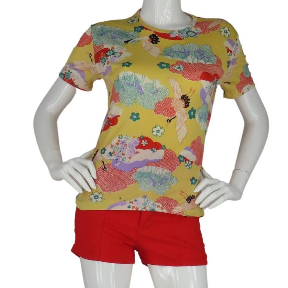 70s Vintage Asia Asian Crane Clouds Scene Top T Shirt Tee XS
